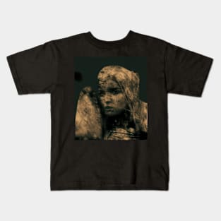 Beautiful girl, warrior with a shield, knight. Dark but beautiful. Yellow, sepia. Kids T-Shirt